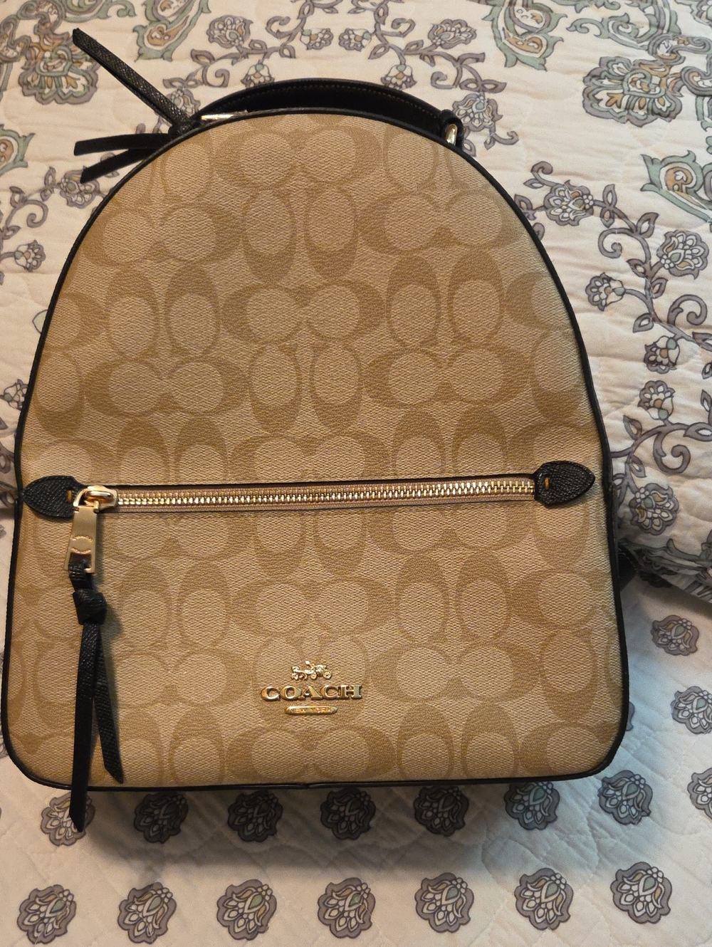 Coach Beige Signature Canvas Backpack with Black Trim